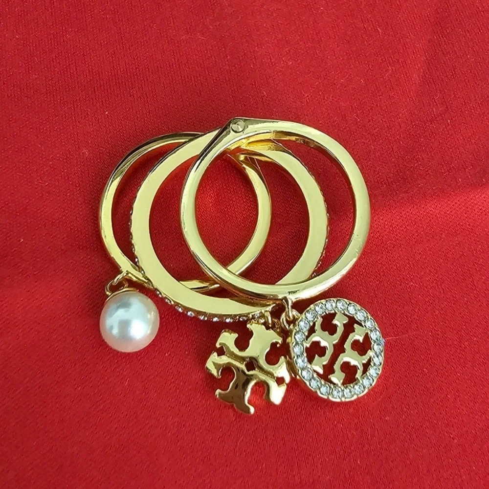 Tory Burch Miller Pave Charm Stack Ring Gold NWT $148